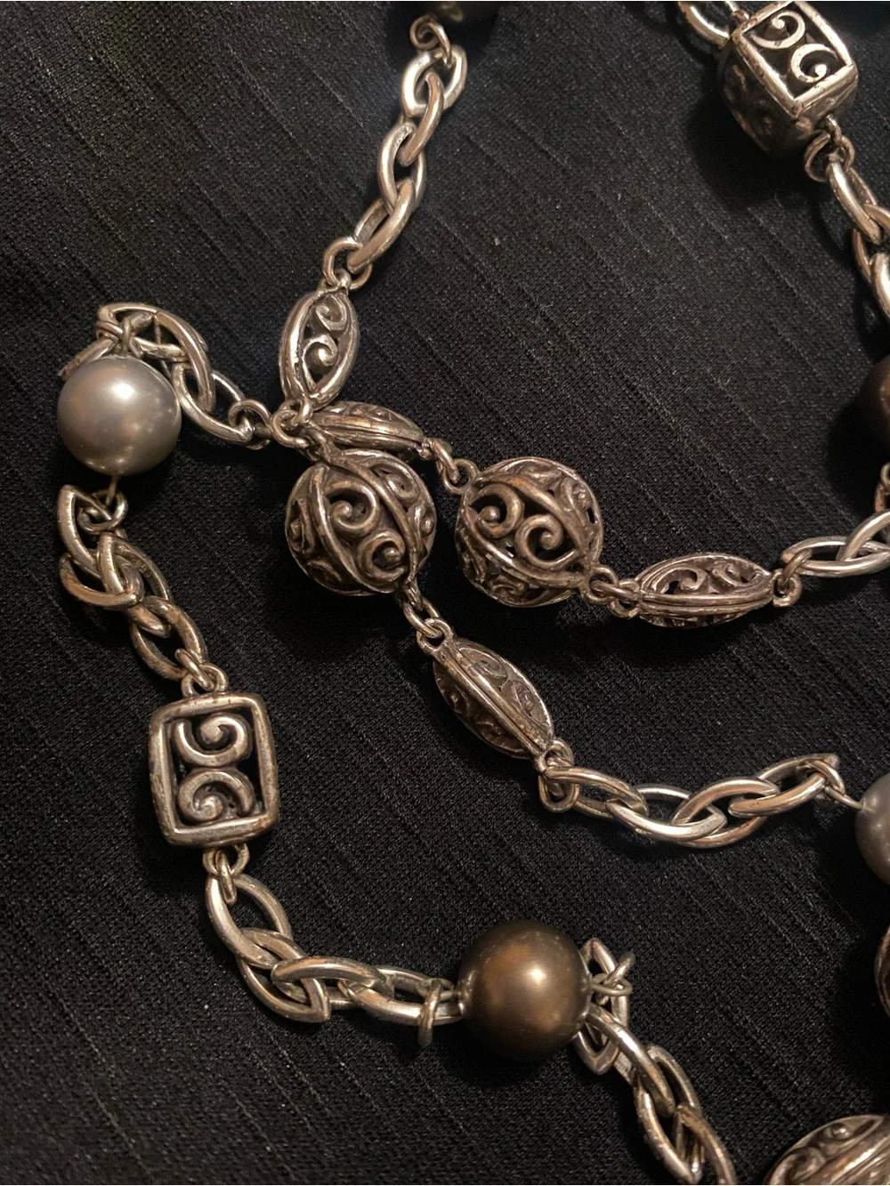 Brighton Ball Cube Pearl Gray Brown Silver Long Silver Necklace/ belt retired